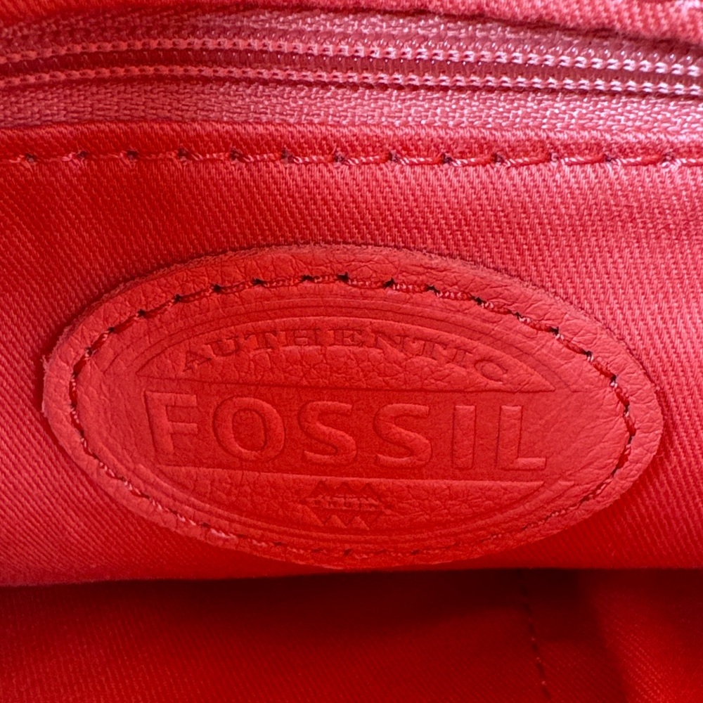 Fossil Erin Foldover Tote Crossbody Bag Coral Orange Pebbled Leather Convertible - Picture 8 of 12